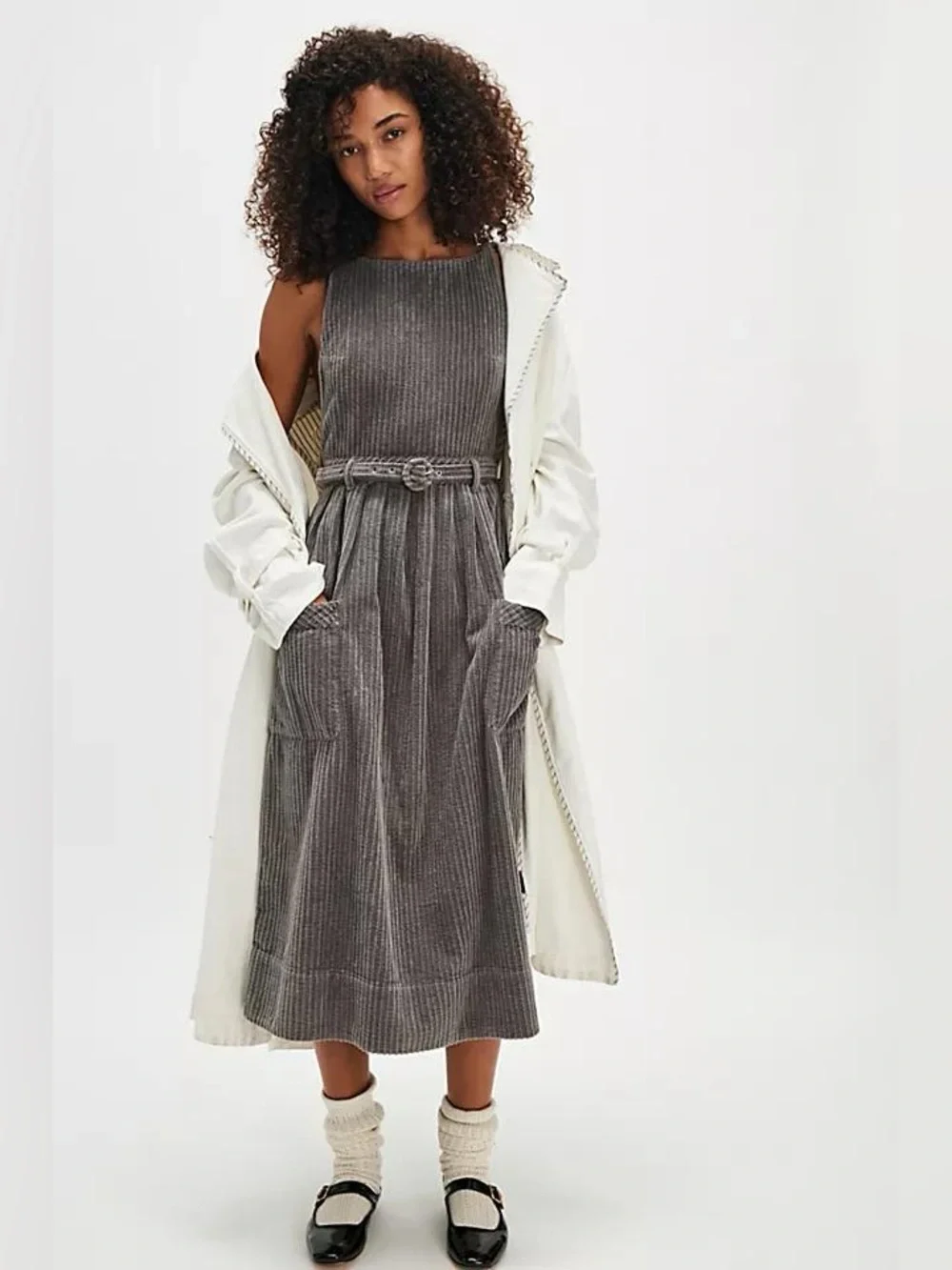 Free People The Other Side gray corduroy stripe midi dress size 4 fits S/M